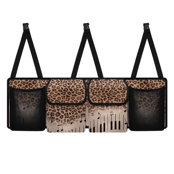 KUIFORTI Brown Leopard Car Trunk Organizer, Music Note Print Backseat Hanging Large Storage with Adjustable Straps, Collapsible Cargo Bag, Sturdy Space Saver Frees Trunk Floor for SUV, Truck, MPV