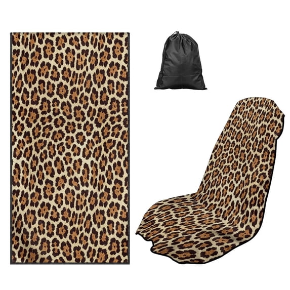 KUIFORTI Brown Leopard Print Car Front Seat Covers for Gym Outdoor Sport, Picnic, Beach, Pet Dog Travel Portable Sweatproof Auto Accessories with Storage Bag 60 x 33 Inch