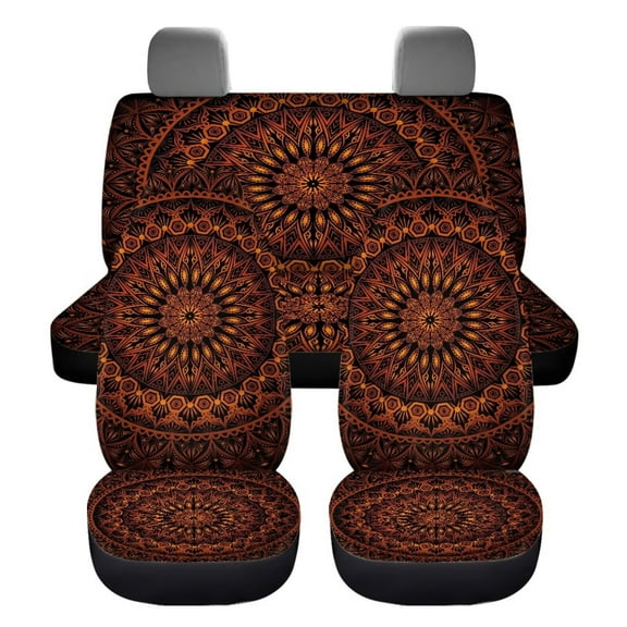 KUIFORTI Brown Mandala ar Seat Cover Auto Accessories Interior 4Pcs, Front Seat Protector Auto Seat Rear Split Bench Cover Universal Automotive Interior Protection Accessories