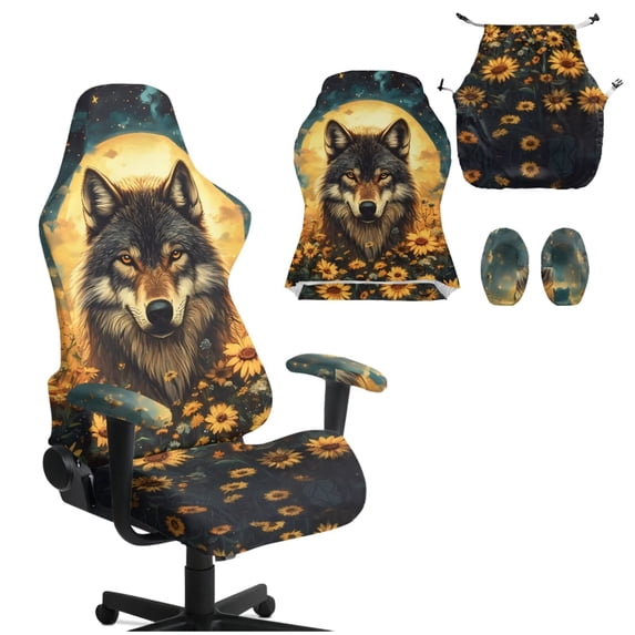 KUIFORTI Brown Wolf Gaming Chair Cover with Armrest Covers Waterproof Game Computer Office Desk Chair Cover Protector Durable Breathable for Office Computer Racing Seats