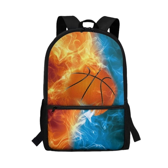 KUIFORTI Burning Fire Basketball Kids 17 Inch Schoolbag with Compartment and Side Mesh Pockets, Durable Backpack Stationery Organizer Bag for Boys Children Teens