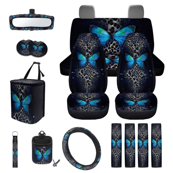 KUIFORTI Butterfly Blue Car Seat Cover Set Elastic Fabrics Set 15 Pcs Car Accessories Full Set for Women Men Easy to Install Durable Breathable Universal fit for SUV,Van,Saden,Truck