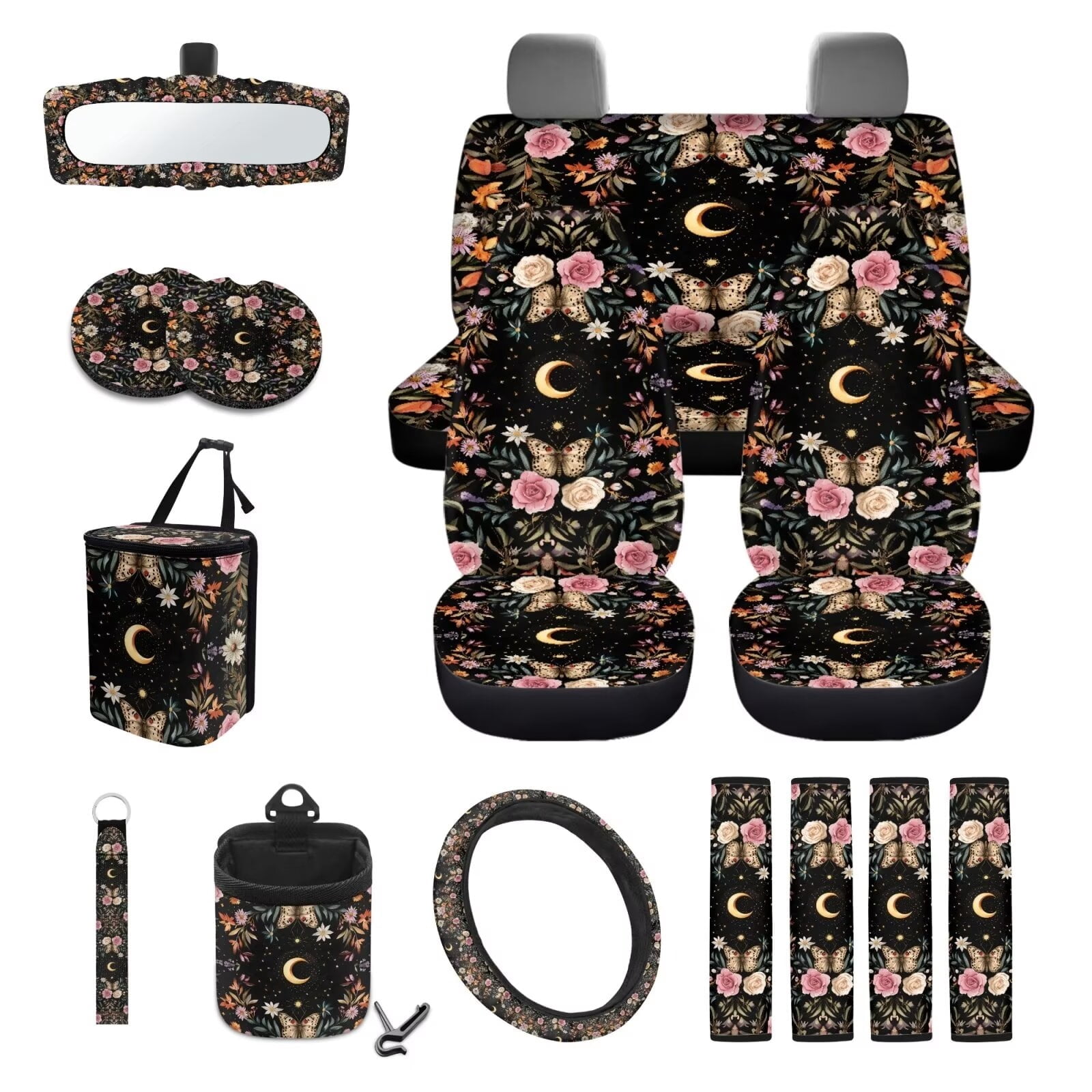 KUIFORTI Butterfly Car Seat Covers Full Set for Women Floral Steering Wheel Cover+Seat Belt Cover Pad+Trash Bag+Rearview Mirror Cover+Coasters+Car Vent Storage Organizer+Key Chain