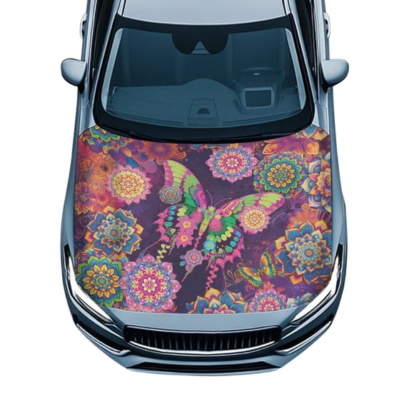 KUIFORTI Butterfly Mandala Car Hood Cover Protector Hard-Wearing Easy Install Hood Wrap Protector Fits Most Sedans, SUVs, Trucks, Pickups Automotive Accessories Decoration