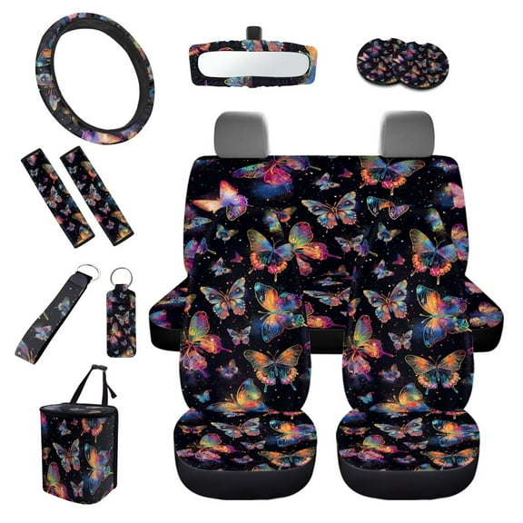 KUIFORTI Butterfly Print Car Seat Covers Full Set 13 Piece Car Seat Cover Steering Wheel Cover Seat belt Cover Pad Keychain Lipstick Protector Cup Coasters Car Trash Can Rear View Mirror Cover