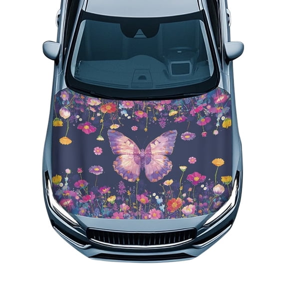 KUIFORTI Butterfly Purple Car Hood Cover Protector Stretchable Auto Hood Protector Exterior Accessories Fits Most Sedans Trucks SUVs Automotive Decor Accessory