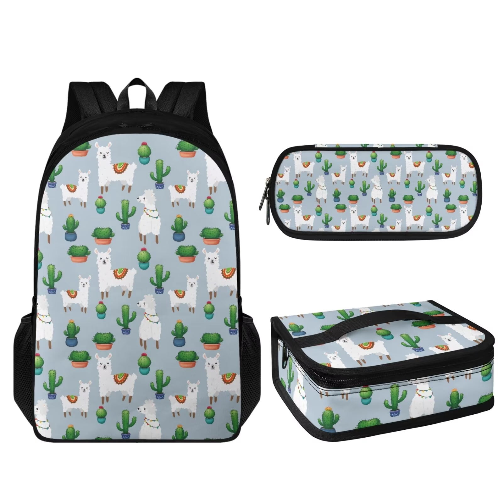 KUIFORTI Cactus Alpaca Backpack Messenger Bag Crossbody Lunch Case Lunch Bag Pencil Bag with Pocket, Set of 3
