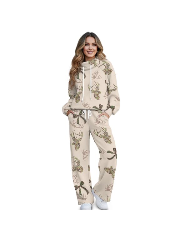 Camo Deer Bow Women's Lounge Set Soft Matching Lounge Sets Side Pockets Sweatpants With Adjustable Drawstring for Going Out, Travel, Shopping
