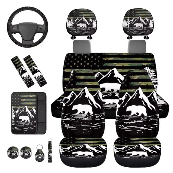 KUIFORTI Camo Flag 14 Pcs Automobile Seat Covers Car Headrest Protectors Steering Wheel Cover Auto Center Console Pad Removable Automotive Accessories for Cars SUV Sedans