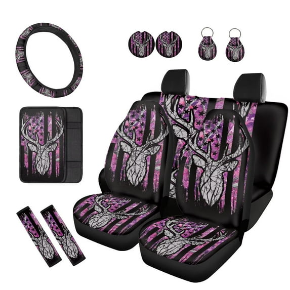 KUIFORTI Camo Flag Deer Car Seat Covers Full Set Set 12 Pcs Auto Seat Belt Cover Car Steering Wheel Cover Wristlet Keychain Auto Center Console Pad for Cars Sedans and SUVs