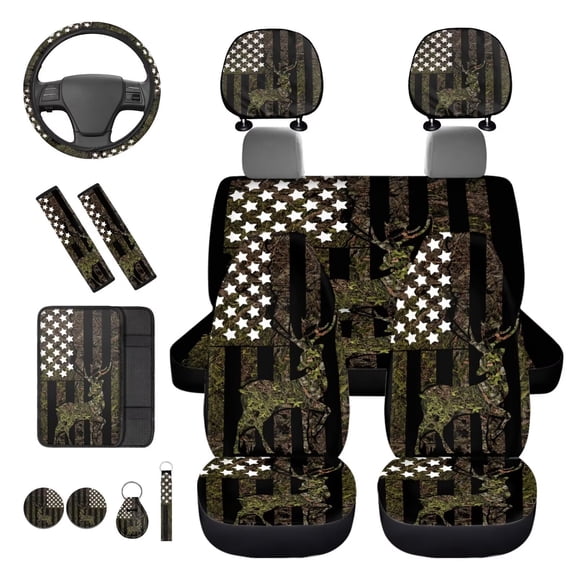 KUIFORTI Camo Flags 14 Pcs Auto Seat Covers Car Steering Wheel Accessories Car Headrest Protectors Auto Seat Belt Cover Cars Interior Accessories for Cars Sedans and SUVs