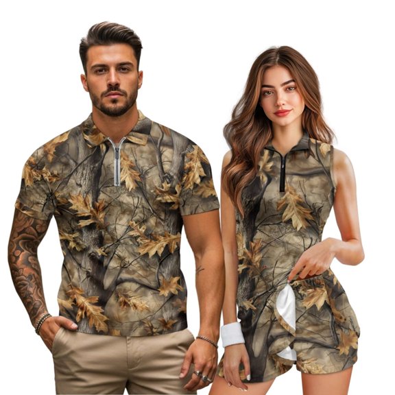 KUIFORTI Camo Maple Leaf Matching Couple Golf Shirts, His Short Sleeve Polo & Her Tennis Dress Set, Quarter Zip Lapel Quick Dry Moisture Wicking Outfits for Summer Sports Casual Wear