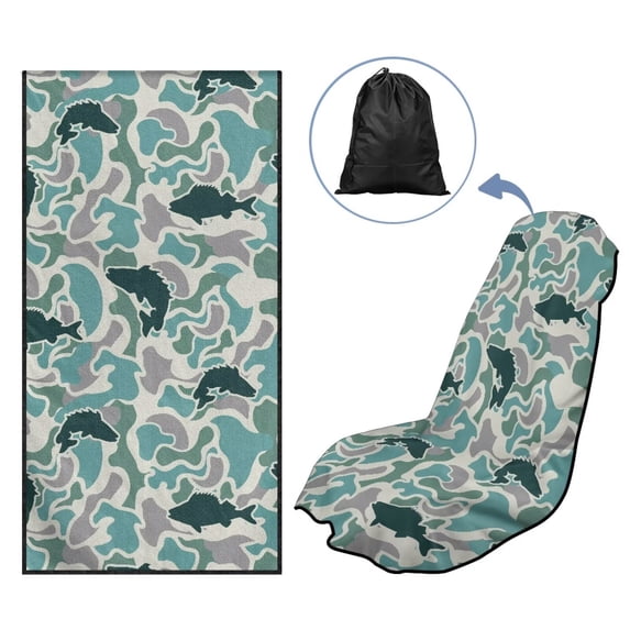 KUIFORTI Camouflage Fish Car Seat Towel Covers with Storage Bag for Trucks, SUVs, Sedans Front Seat Bucket Car Seats Protector Sweatproof Multi-Functional Beach Towel, Yoga Mat