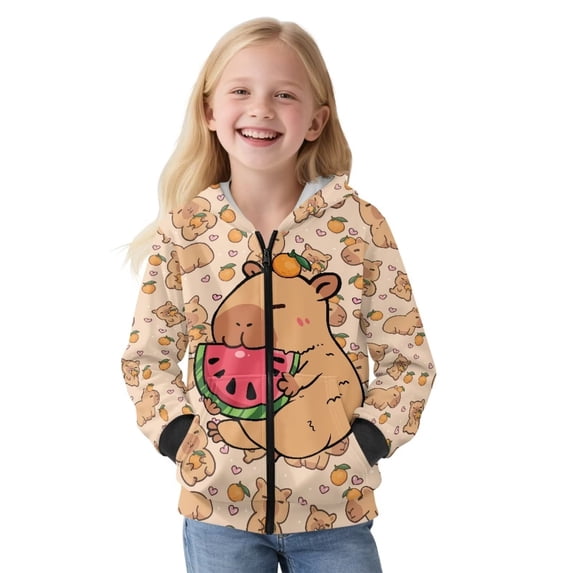 KUIFORTI Capibala Cute Sweatshirts for Girls 6-7 Skin-Friendly Soft Active Performance Zip Up Hoodies for Girls Fleece-Lined Fall Fashion Outfits Winter Clothes for Outdoor Activities