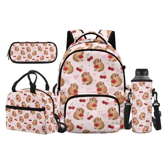 KUIFORTI Capybara Cherry Kids Backpack Set 4Pcs School Supplies with Lunch Box Pencil Pouch Water Bottle Sleeve for Elementary Primary Middle School Daily Use