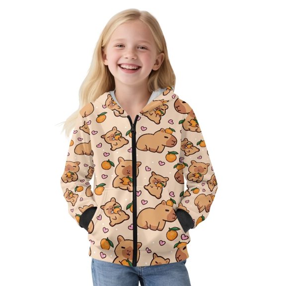 KUIFORTI Capybara Cute Girls Sweatshirt Hoodie 14-16 Fleece-Lined Lined Zip Up Hooded Sweatshirts Comfortable Elastic Fabrics Fall Winter Outwear for Outdoor Activity