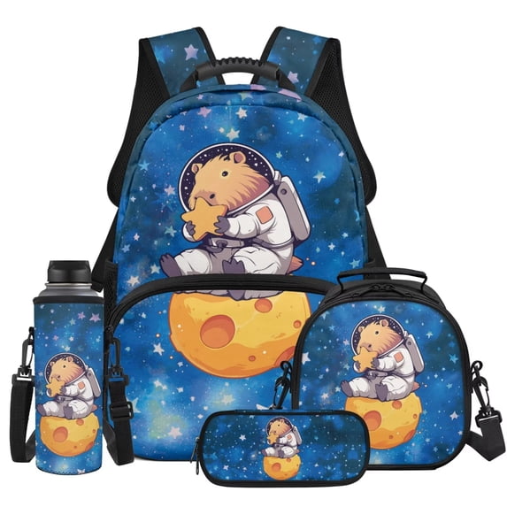 KUIFORTI Capybara Cute Print Fashion Backpack with Lunchbox Girls School Bag Pencil Pouch Water Bottle Sleeve Kid Backpack Set of 4 for Elementary Primary Middle School