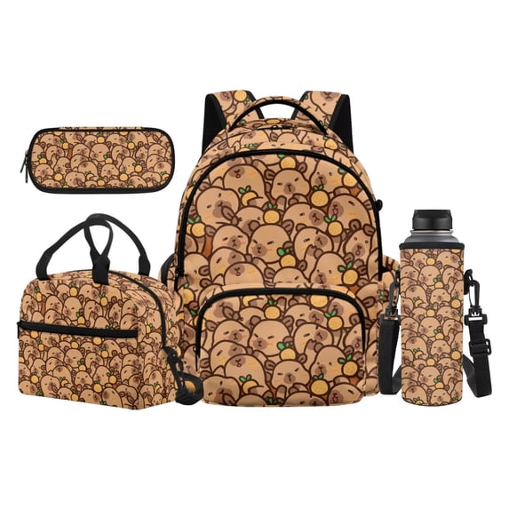 KUIFORTI Capybara Orange Backpack with Lunchbox Kid School Bag Set 4 Piece 17 Inch Boys Bookbag Pencil Bags for Elementary Students Back to School Essentials Gifts