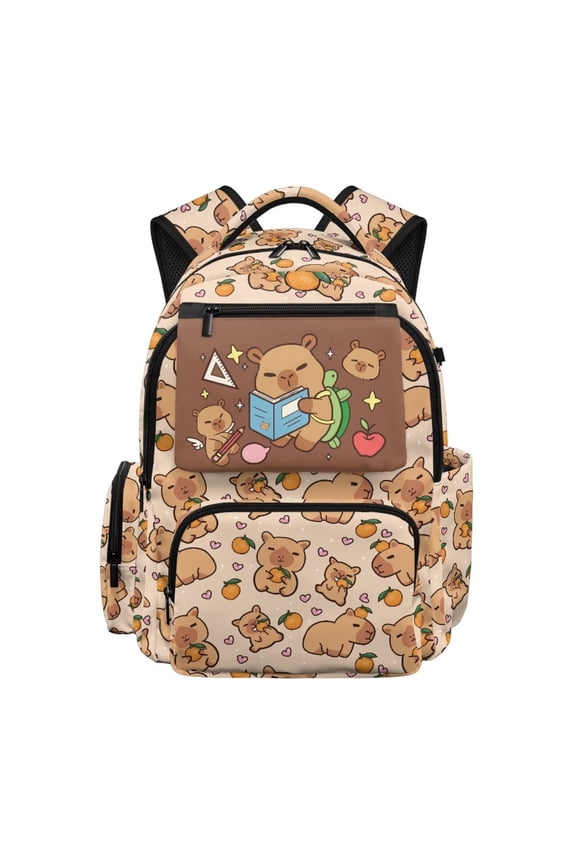 Capybara Orange Print Girls Backpack Kids Bookbag Durable Polyester with Adjustable Straps Multiple Storage Pockets for Elementary School Students
