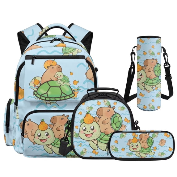 KUIFORTI Capybara Print Kids School Bag Set with Lunch Bag, 4Pcs Elementary Backpack for Boys & Girls, Fashion Bookbag with Pencil Case & Water Bottle Sleeve for Back to School Gifts
