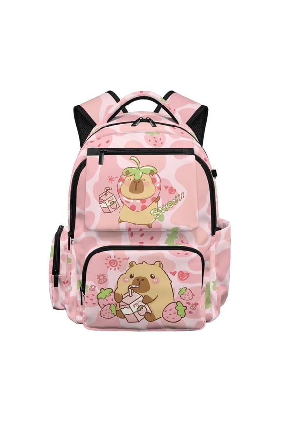 Capybara Strawberry Kids Backpack Girls School Bag Durable Polyester with Front Pockets Adjustable Straps Back to School Essentials Gifts