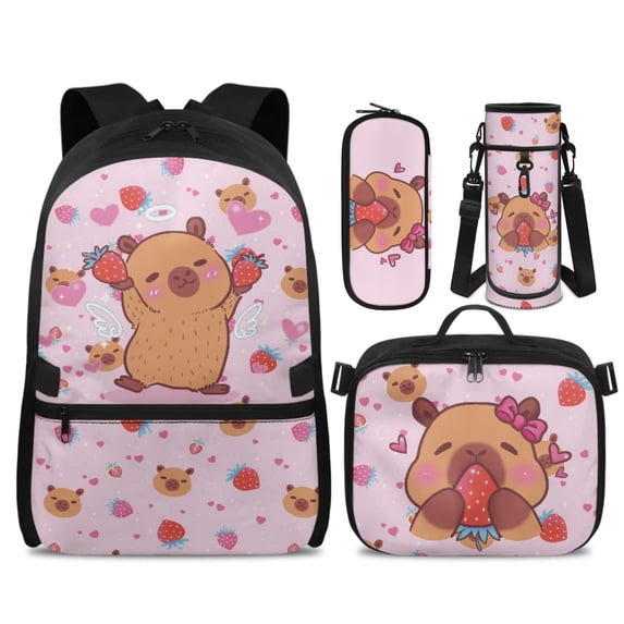 KUIFORTI Capybara Strawberry Print Back to School Backpack and Lunch Box Pencil Pouch Water Bottle Sleeve Kid Backpack Set of 4 Boys School Bag for Elementary Primary Middle School