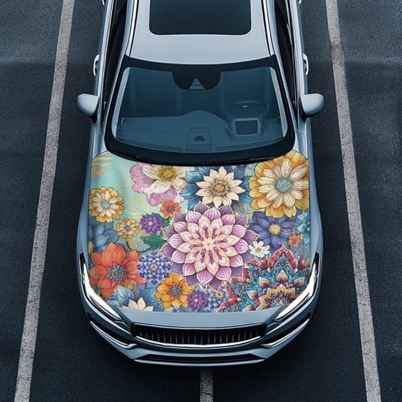 KUIFORTI Car Hood Cover Breathable Hood Covers for Cars, Mandala Flower Car Decor for Women All Weather Protection Protection Stylish Automotive Exterior Accessories