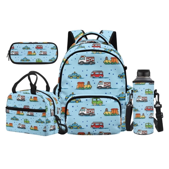 KUIFORTI Car Print Bookbag and Lunchbox Set 4 piece Durable Boys Backpack with Pencil Bags Water Bottle Sleeve for Elementary Primary Middle School Daily Use