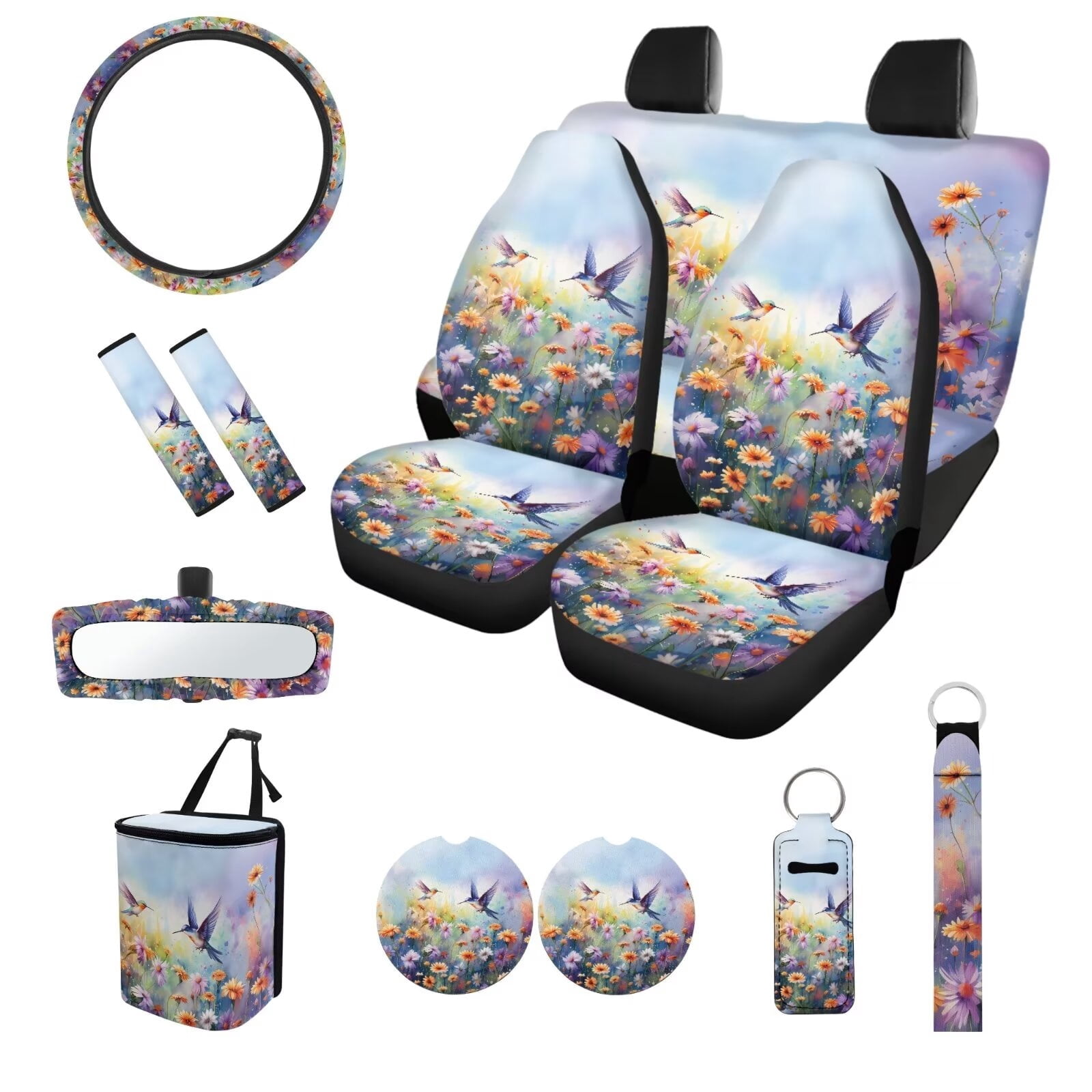KUIFORTI Car Seat Full Set Covers Hummingbird Car Accessories for Women Front Rear Seat Covers Wrist Strap Cup Mat Seat Belt Cover Accessories for SUV Car