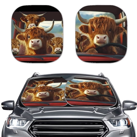 KUIFORTI Car Sun Shade Windshield 2-Pieces Sunshade for Car Windshield Foldable Car Window Shade for Most Sedans SUV Truck - Keeps Your Vehicle Cool, Cute Highland Cow