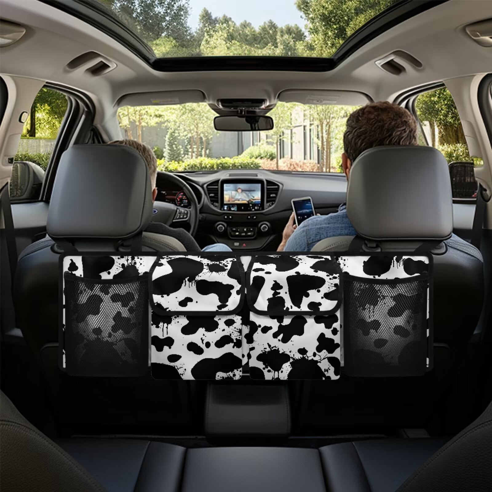KUIFORTI Car Trunk Hanging Organizer, Cow Print Car Trunk Organizers for Women Car Interior Accessories with 2 Pockets & 2 Mesh Pouches, Will Provide More Space for SUV, MPVs, Trucks, Vans, Sedans