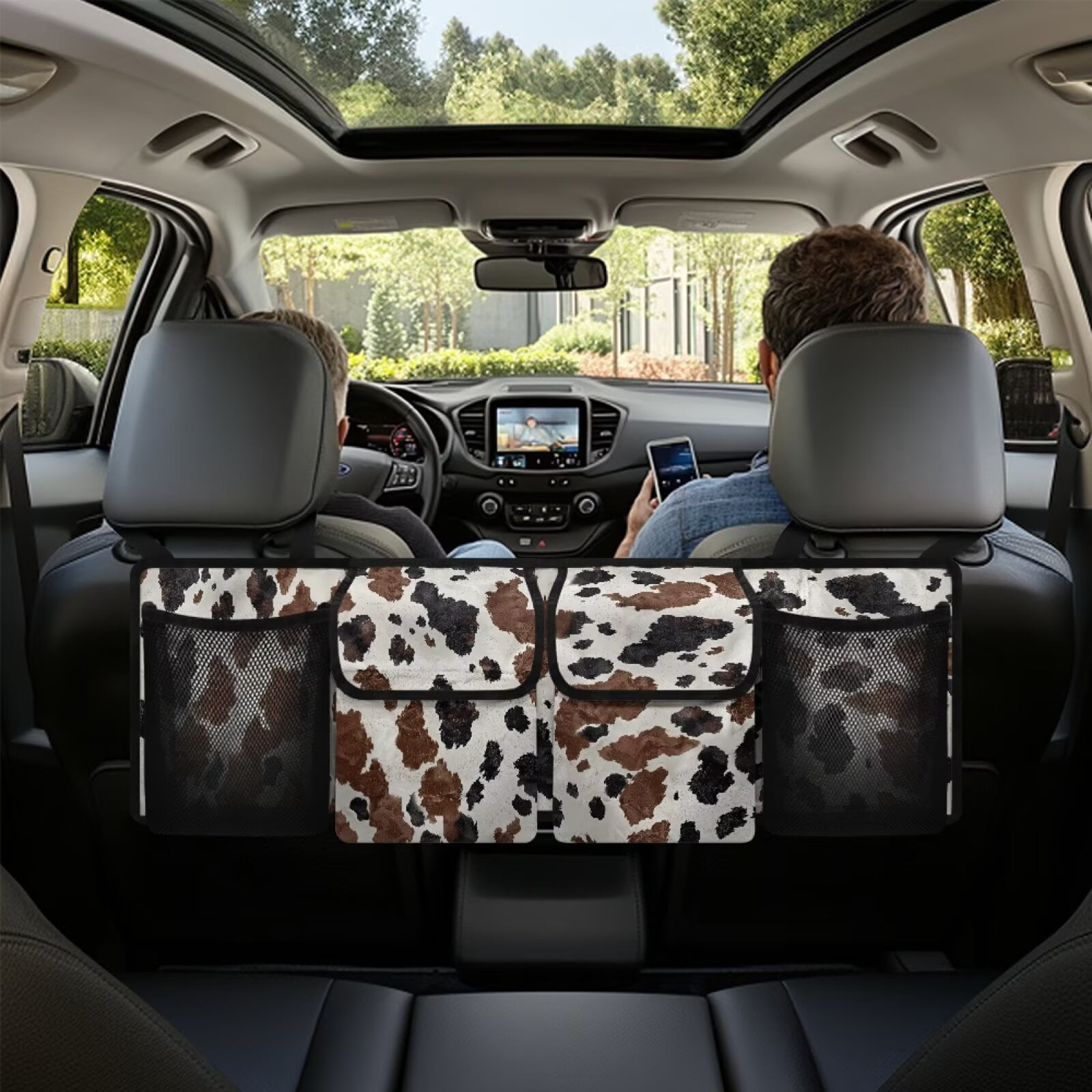 KUIFORTI Car Trunk Organizer with 4 Pockets, Oxford Cloth Cow Print Vehicle Hanging Backseat Cargo Storage Bag, Detachable Auto Seat Back Organizing Bag, Universal for SUV, Truck, RV, Brown
