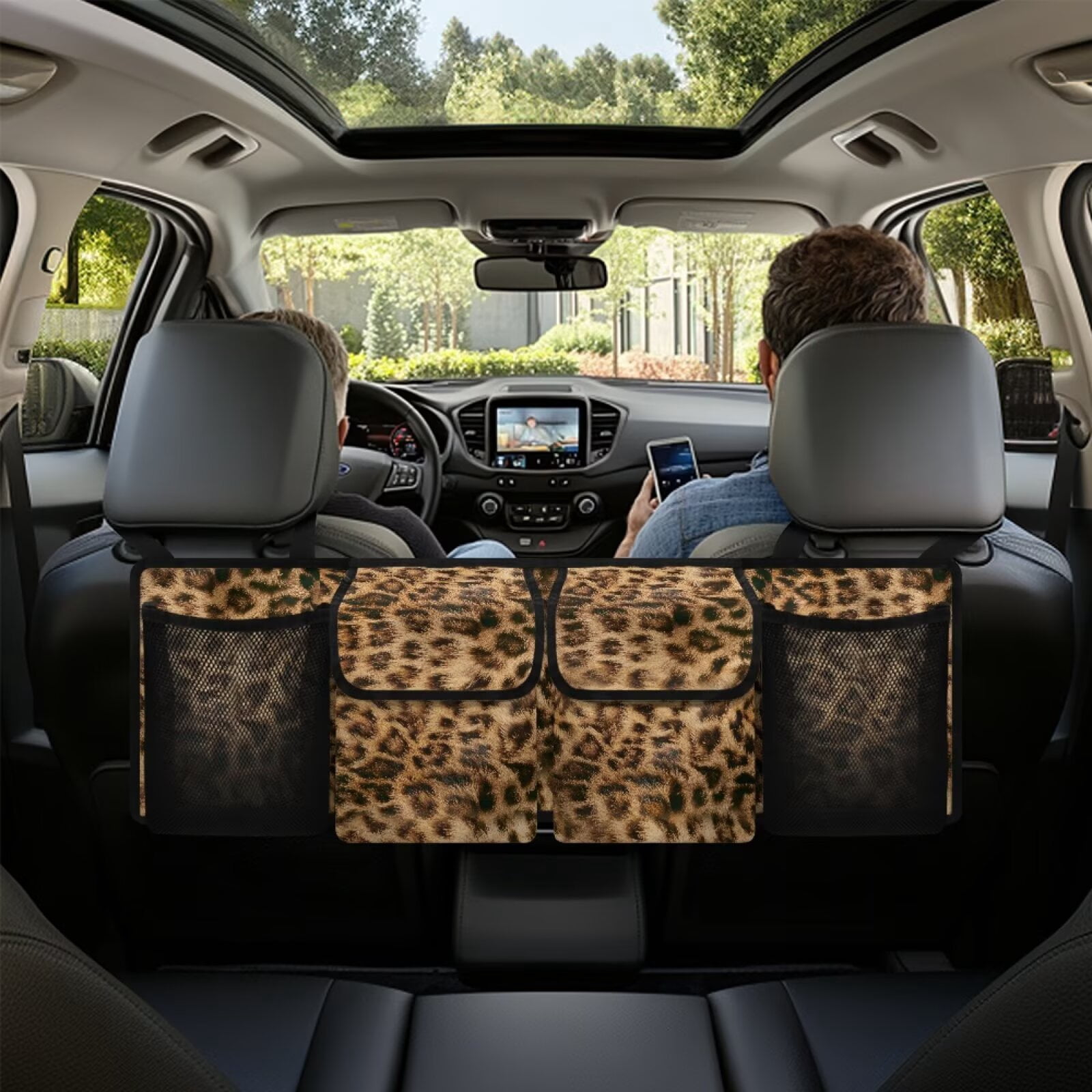 KUIFORTI Car Trunk Organizer Brown Leopard Print Car Storage Organizer Stylish Back of Car Seat Organizer, Breathable Car Trunk Organizer for Sedan, SUV, Trucks, Van