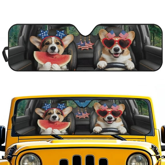 KUIFORTI Car Windshield Sun Shade Compatible with Wrangler JK JKU TJ, Funny Corgi Windshield Sunshades Blocks UV Rays and Keep Interior Cool