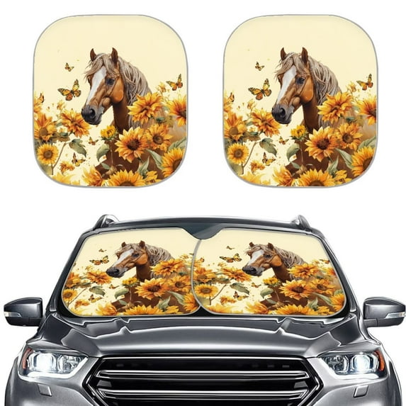 KUIFORTI Car Windshield Sun Shade Foldable Front Windshield Shade for Sun, Heat and UV Rays, 2 Pack Sunshade for Car Front Window and Interior Sun Protection, Horse Sunflower Butterfly