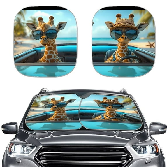 KUIFORTI Car Windshield Sun Shade Funny Animal Print, Foldable UV Ray Sun Visor Protector Sunshade to Keep Your Vehicle Cool, Giraffe Driving Car