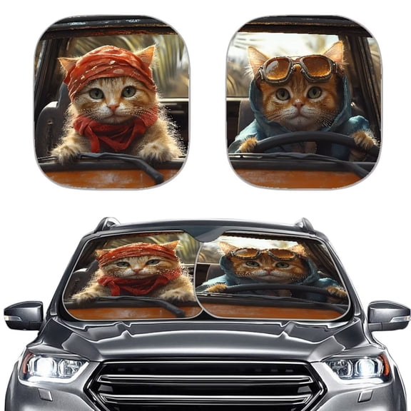 KUIFORTI Car Windshield Sun Shade Funny Cats Print, 2Pcs Foldable Sunshades for Car Windows, Portable Automotive Interior Sun Protection, Easy to Install