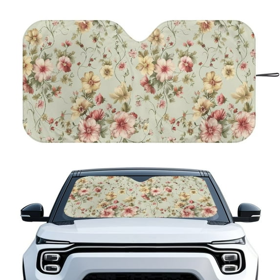 KUIFORTI Car Windshield Sun Shade for Women, 66.53" x 34.44" Vintage Flower Car Window Shade Keep Vehicle Cool Protect Your Car from Sun Heat & Glare Best UV Ray Visor Protector