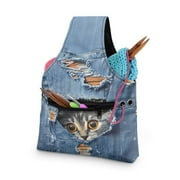 KUIFORTI Cat Yarn Bag Blue Crochet Bag Organizer Cute Yarn Storage Bag Tote Yarn Holder Yarn Bags for Crocheting, Needles Accessories, Size S