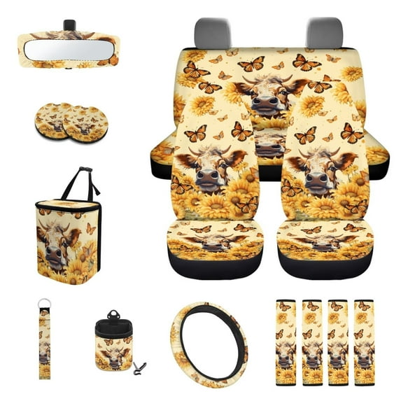 KUIFORTI Cattle Butterfly Car Seat Covers Full Set 15 Piece Car Seat Cover Steering Wheel Cover Seatbelt Covers Car Cup Coasters Car Garbage Bag Car Storage Box Rear View Mirror Cover Keychain