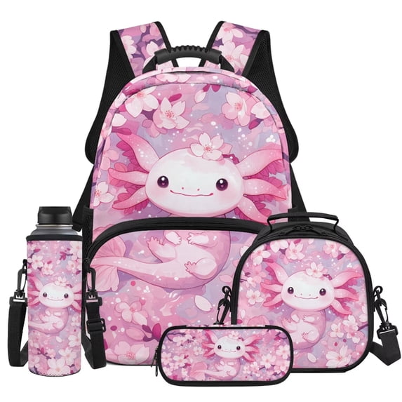 KUIFORTI Cherry Blossoms Axolotl 4Pcs Elementary School Backpack Set with Lunch Box Pencil Pouch for Kids Boys Girls Student School Supplies Gift