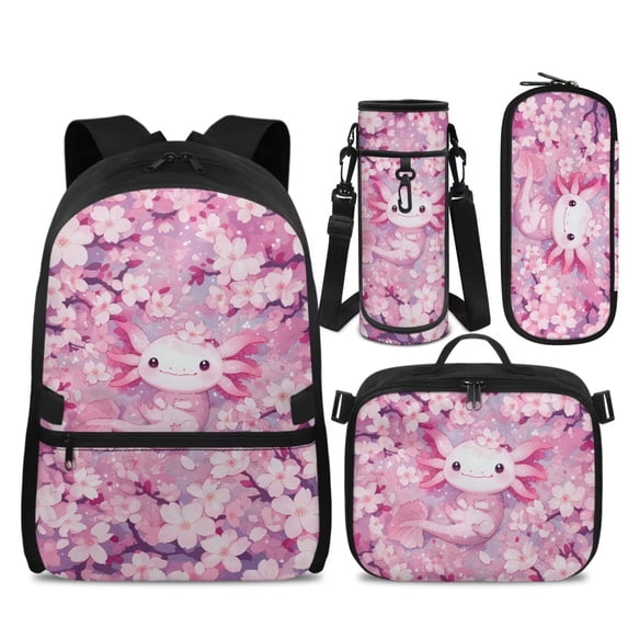 KUIFORTI Cherry Blossoms Axolotl Bookbag with Lunch Bag, 4Pcs Kids Backpack Set for Elementary Middle School Girls Boys, Cute School Bag with Pencil Pouch Back to School Supplies