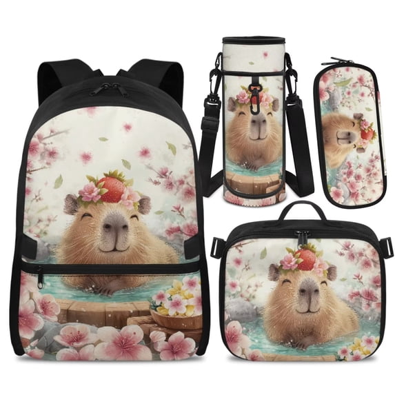 KUIFORTI Cherry Blossoms Capyabra Backpack with Lunch Box, 4Pcs Kids School Bag Set for Elementary Primary Middle School Students, Boys Girls Bookbag Back to School Supplies