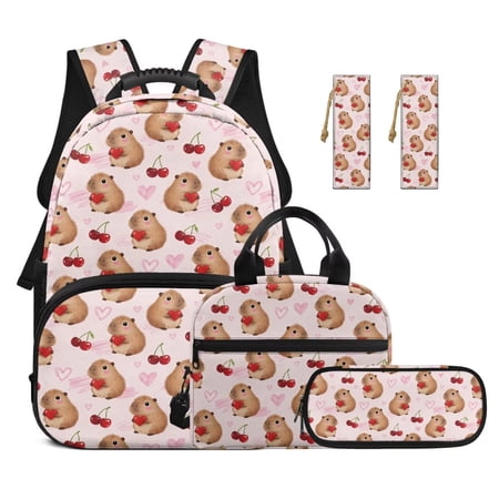 KUIFORTI Cherry Capybara Bookbag and Lunch Box Backpack Set 4Pcs 2Piece Bookmark Bookbag Laptop Bag Travel Daypack for Elementary Primary Middle School