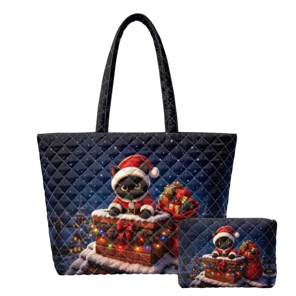 KUIFORTI Christmas Cat Quilted Tote Bag for Women Top Zipper Closure 14”Laptop Computer Purse for Travel, Gym, Holiday Gifts