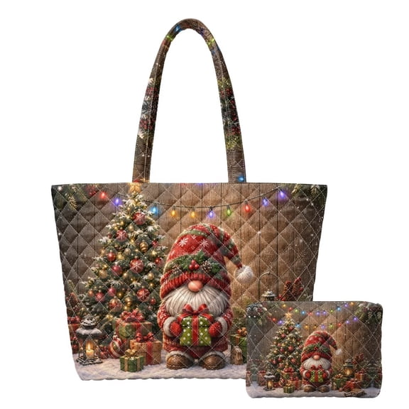 KUIFORTI Christmas Gnome Print Quilted Tote Bag for Women Laptop Handbag With Zipper Trendy for Beach Days, Cruises, Vacations and Family travel