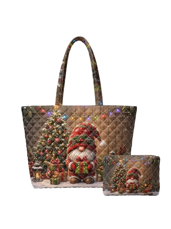 Christmas Gnome Print Quilted Tote Bag for Women Laptop Handbag With Zipper Trendy for Beach Days, Cruises, Vacations and Family travel