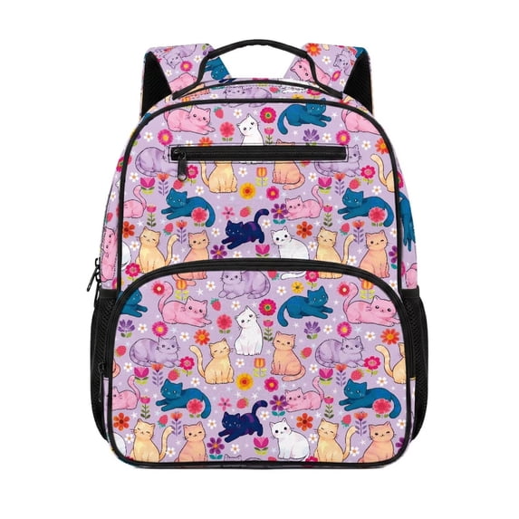 KUIFORTI Colorful Cat Toddler Backpack Girls Kids School Bag with Front Zipper Pockets Adjustable Straps Lightweight for Preschool Kindergarten Back to School Gifts