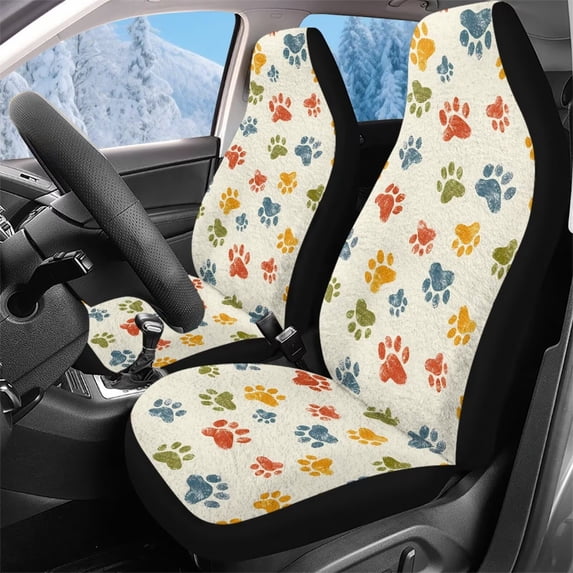 KUIFORTI Colorful Dog Paw Prints Seat Covers for Car Warm Comfortable Seat Covers Front Seats Only Anti-Slip Car Accessories Flannel Universal Fit Most Cars SUV