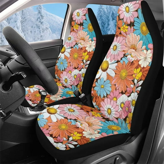 KUIFORTI Colorful Hippie Flower Seat Covers for Car Soft Car Seat Protector Front Seats Only Elastic Fabrics Full Protection Cars Interior Cover Easy Installation Universal Fit Cars Sedans SUV